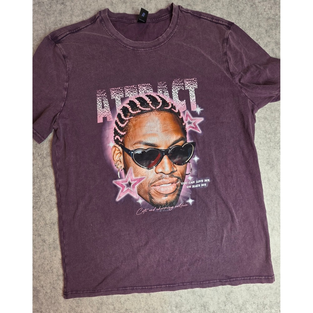 ROMWE Dennis Rodman Graphic T-Shirt Purple Mineral Wash Streetwear Mens Large